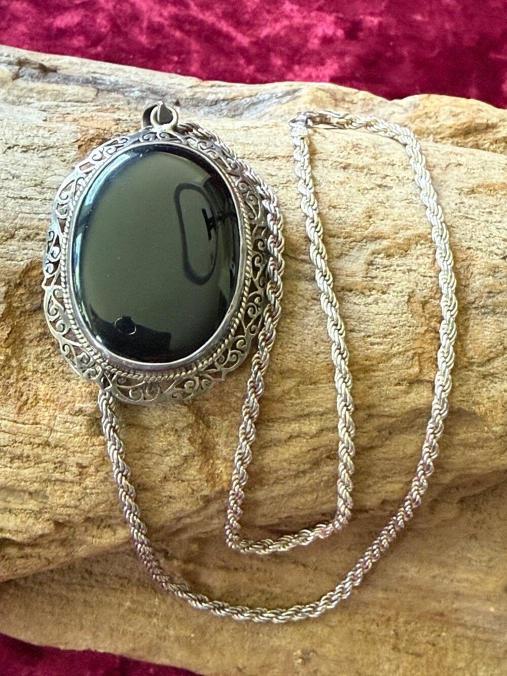 Sterling Silver 925 Rope Chain Necklace Large Oval Black Onyx Pendant 19”